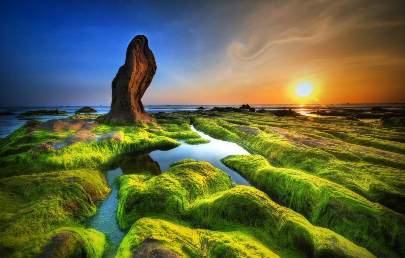 Photo wallpaper sea, sunset, coast, HDR