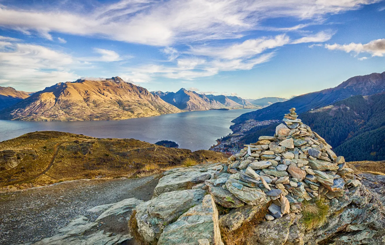 Photo wallpaper the sky, mountains, lake, stones, pyramid, new Zealand, New Zealand, Queenstown