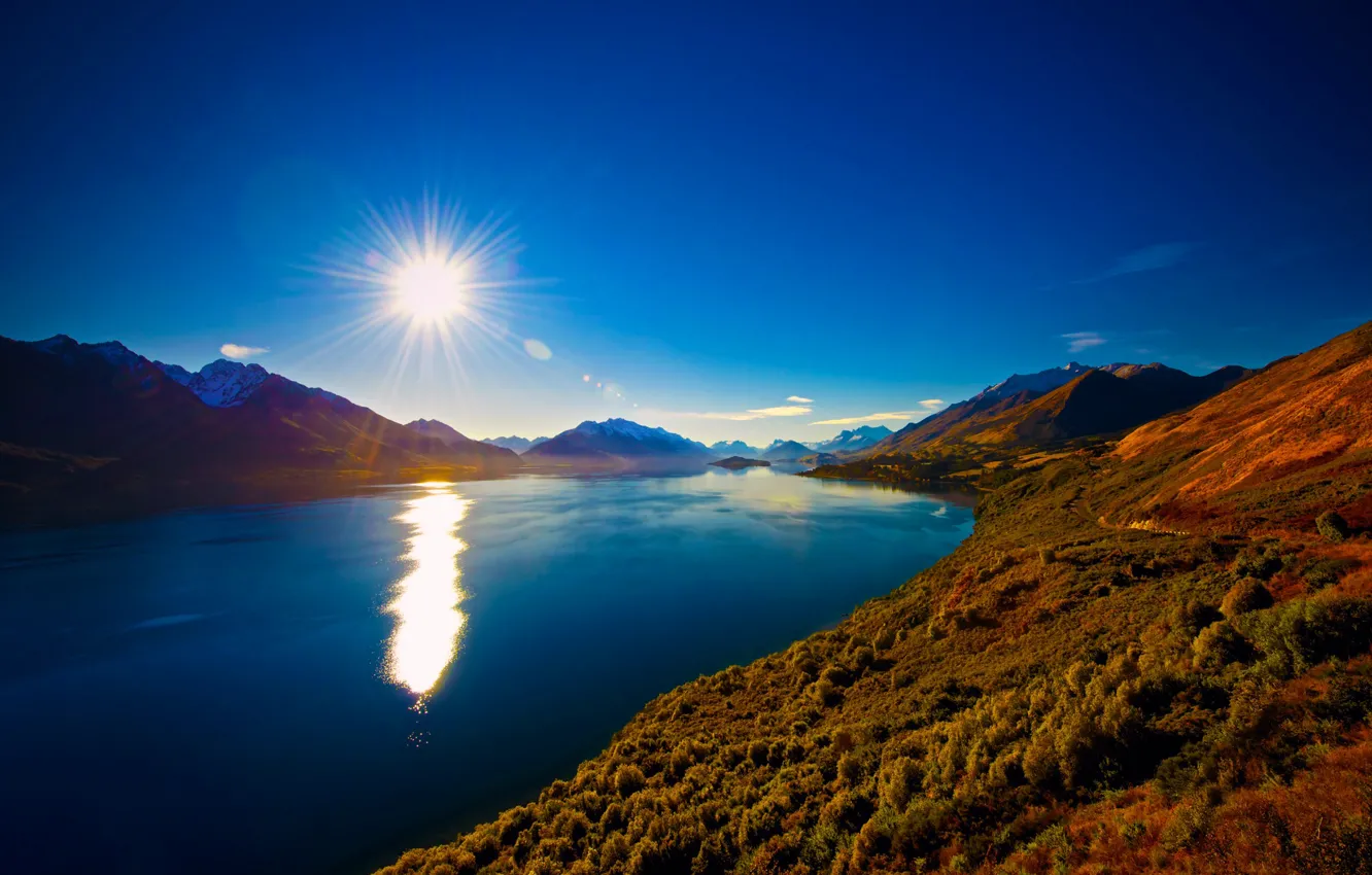 Photo wallpaper the sun, reflection, New Zealand, lake Wakatipu