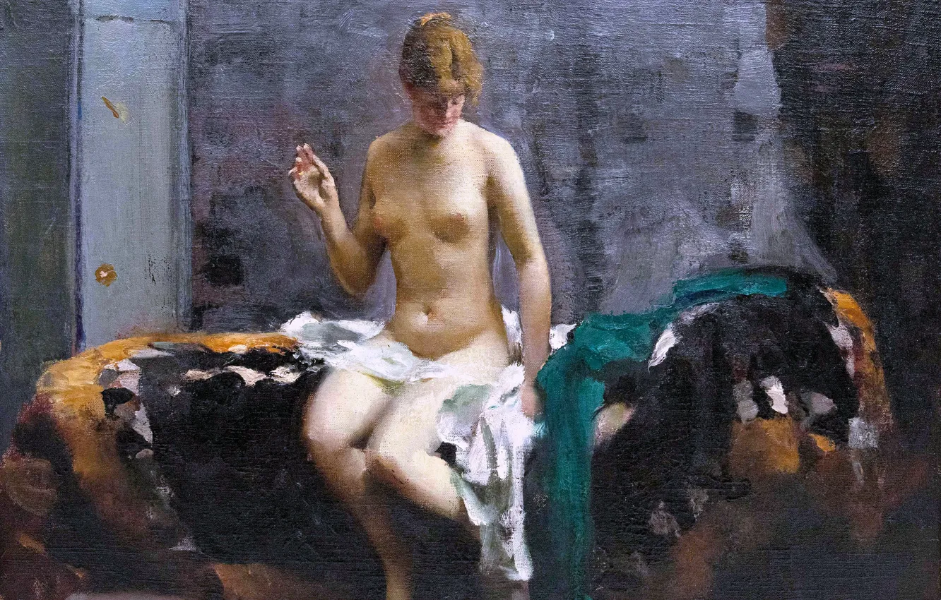 Photo wallpaper woman, picture, naked, A sitting naked woman in the interior, Rudolf Nissl, Austro-German artist, Rudolf …