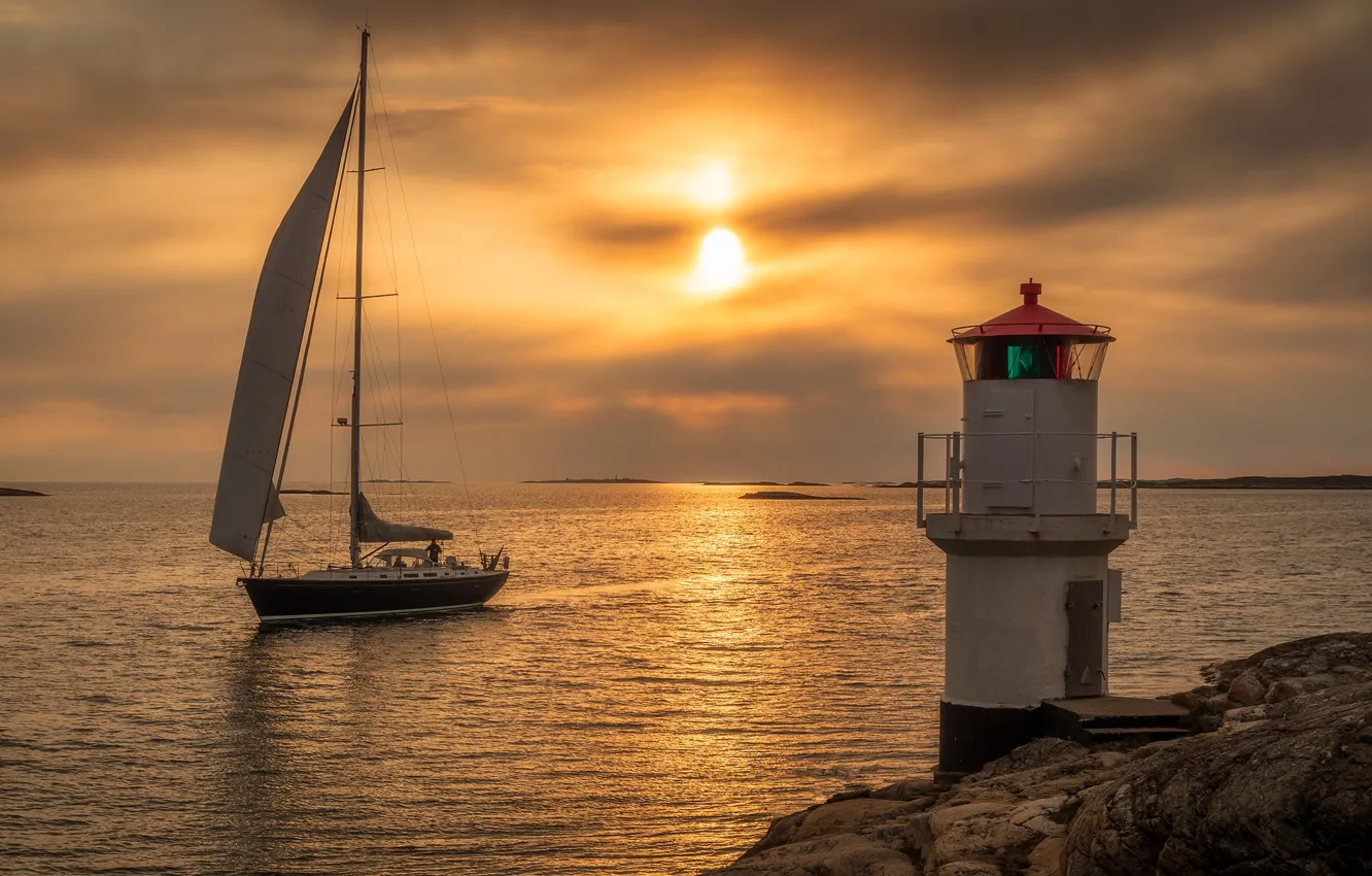 Photo wallpaper sea, sunset, lighthouse, yacht, Sweden, Timret