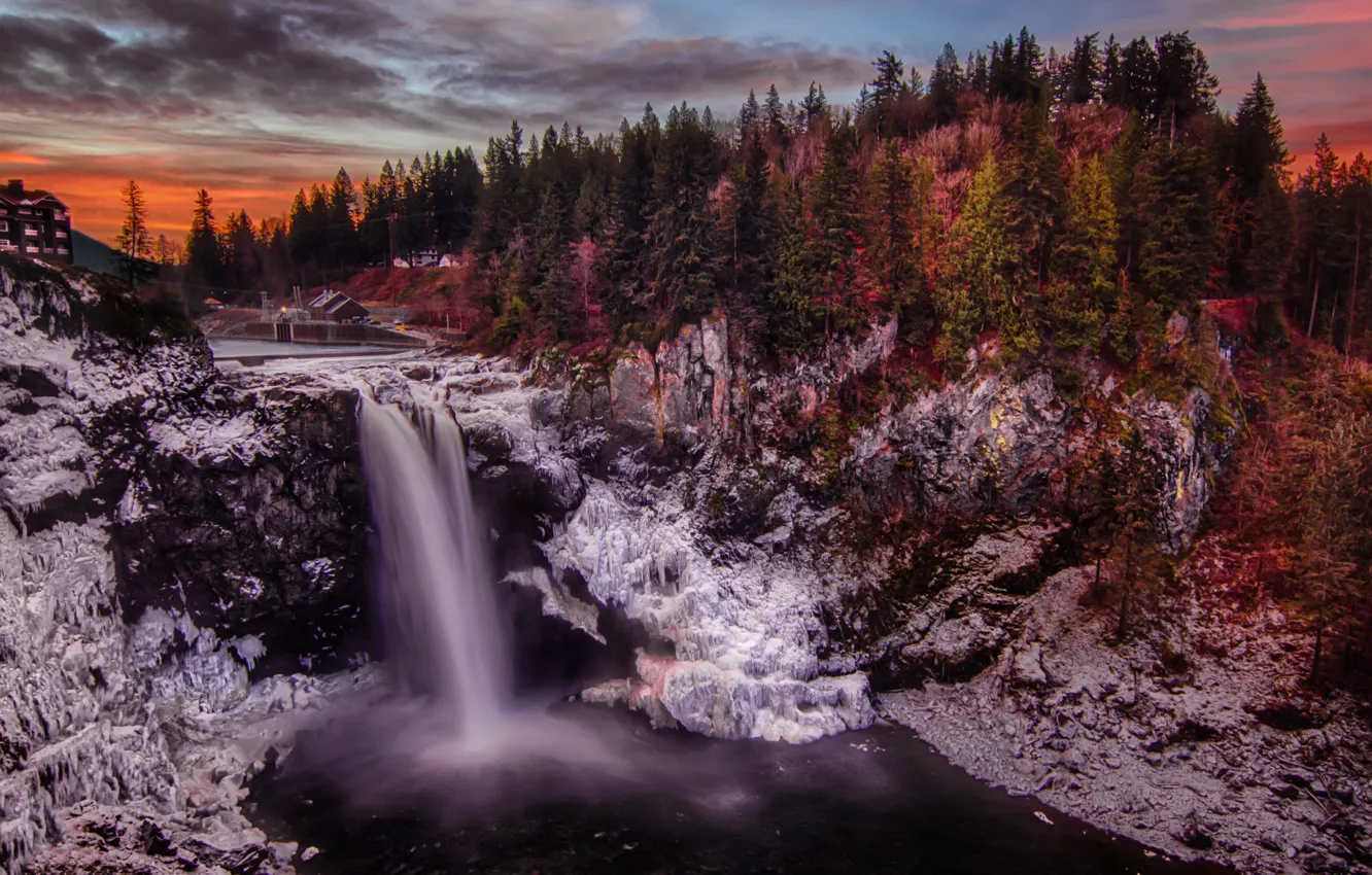 Photo wallpaper forest, landscape, sunset, nature, waterfall, the evening, Washington, USA