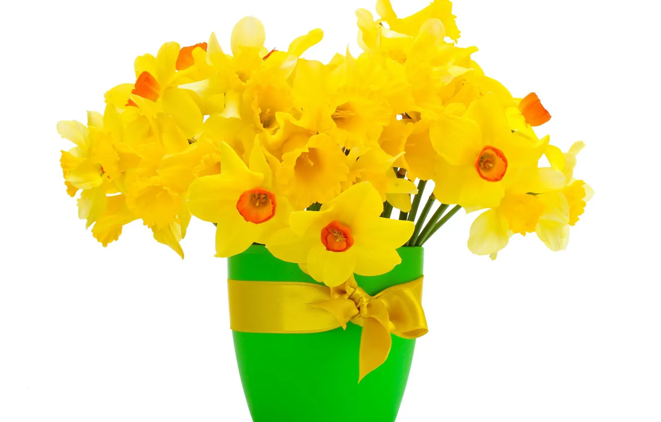 Photo wallpaper flowers, glass, bouquet, white background, daffodils