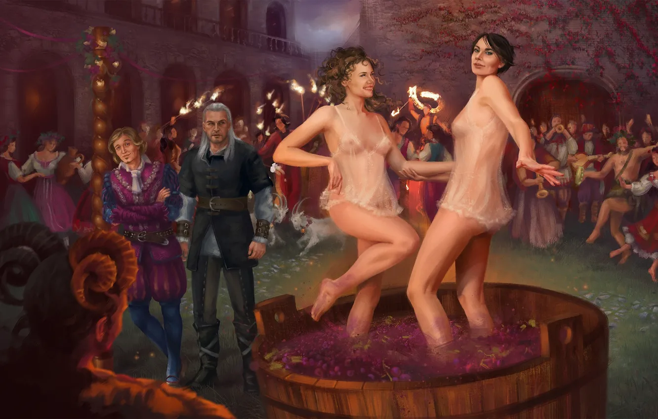 Photo wallpaper girl, dance, male, game, barrel, Geralt, Geralt of Rivia, The Witcher 3: Wild Hunt