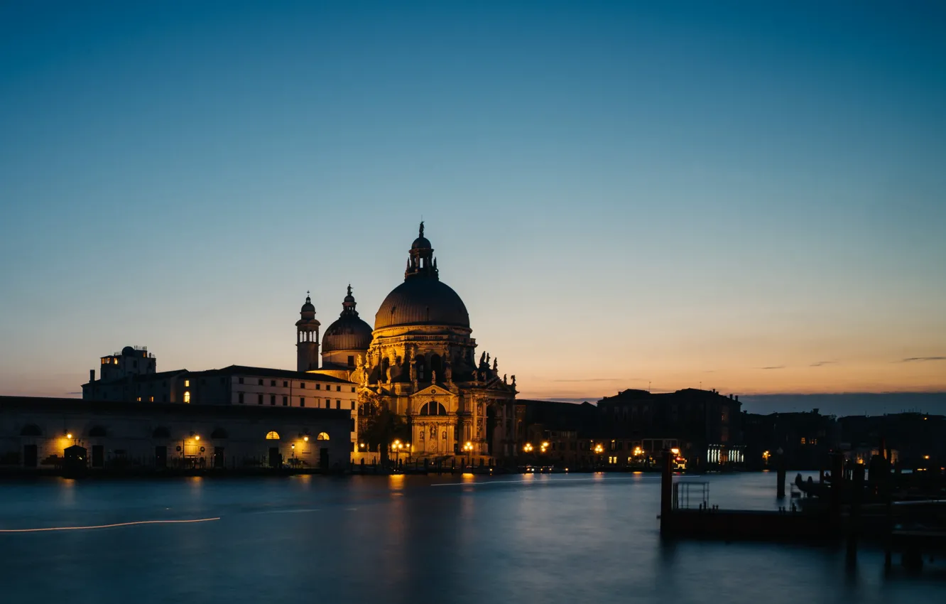 Photo wallpaper city, lights, cathedral, Italy, sunset, photographer, water, evening