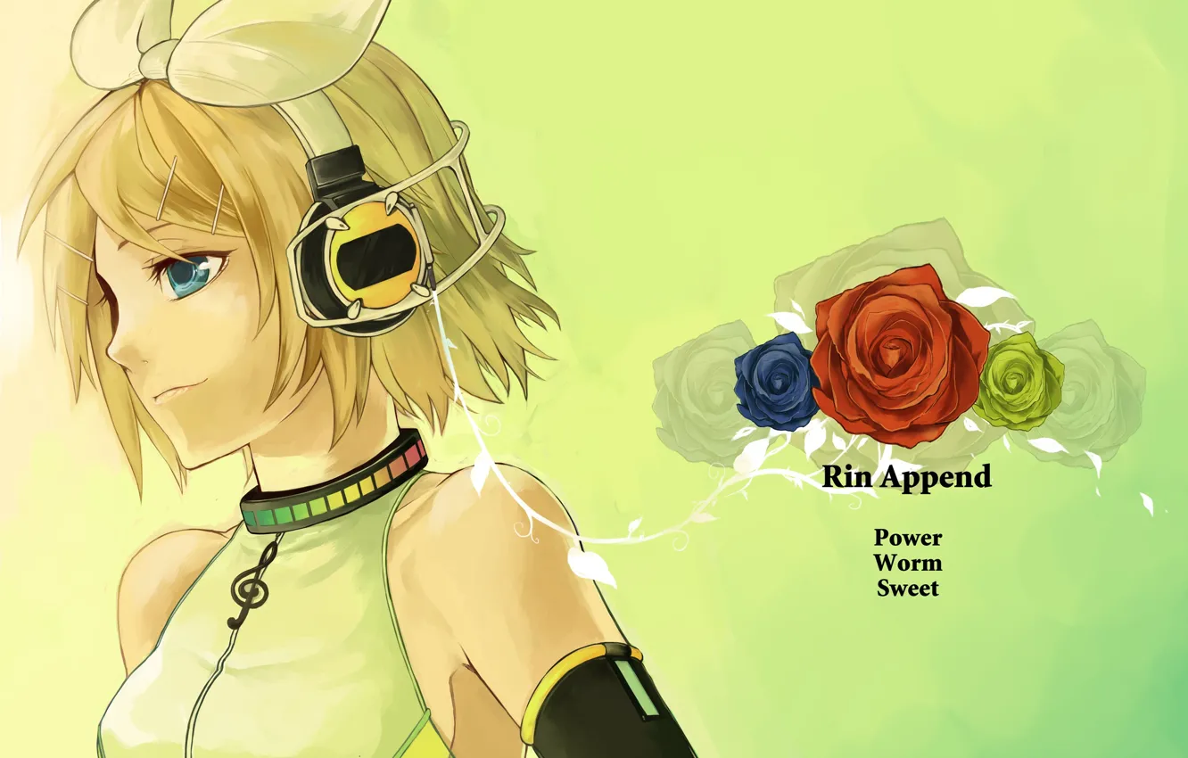 Photo wallpaper girl, roses, anime, headphones, art, Vocaloid, Vocaloid, Kagamine Rin