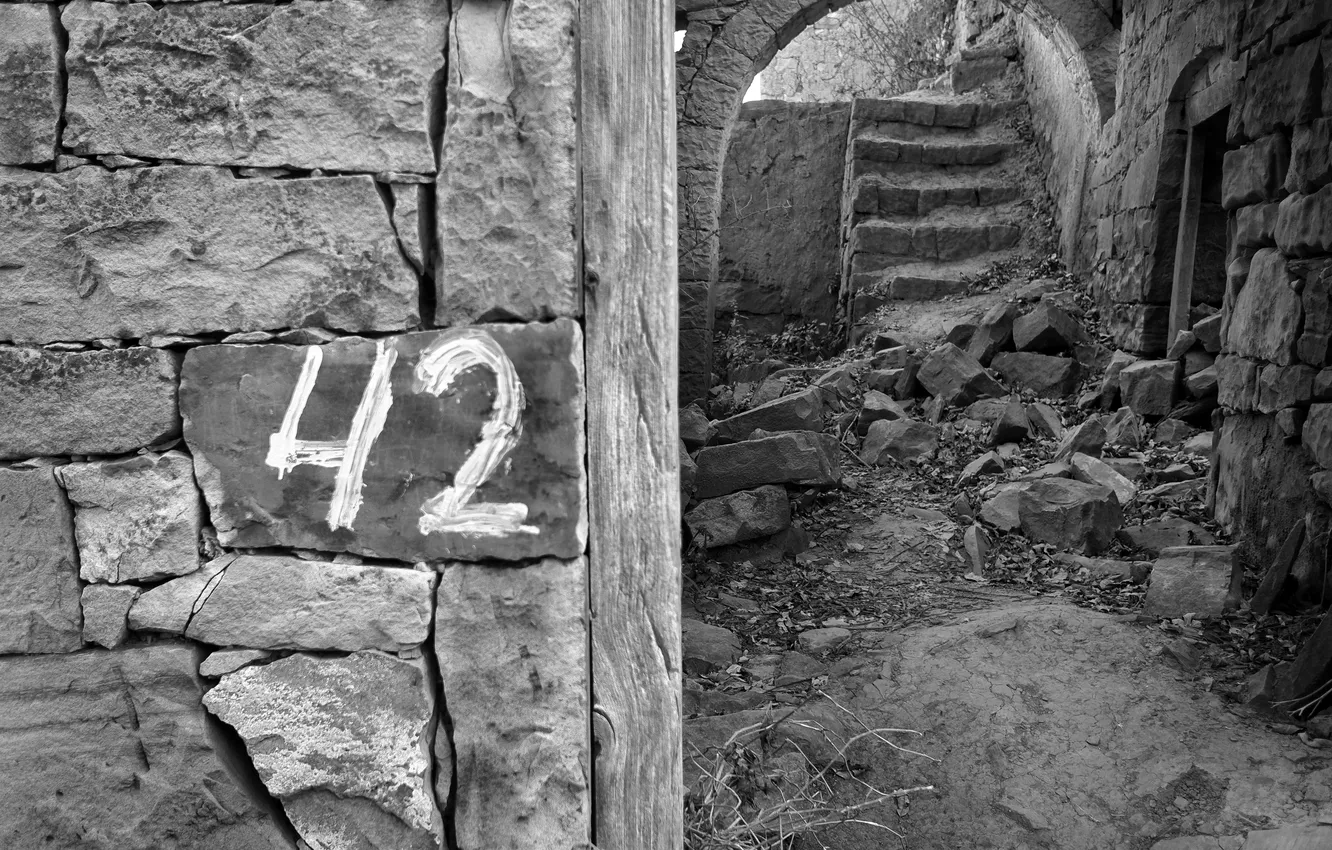 Photo wallpaper wall, white, black, ruins