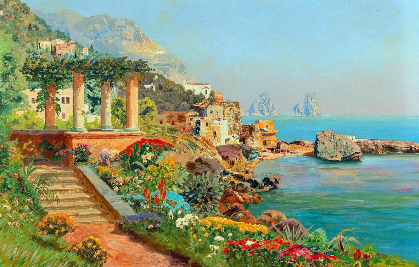 Photo wallpaper water, flowers, coast, home, picture, Alois Arnegger, Capri, Austrian painter