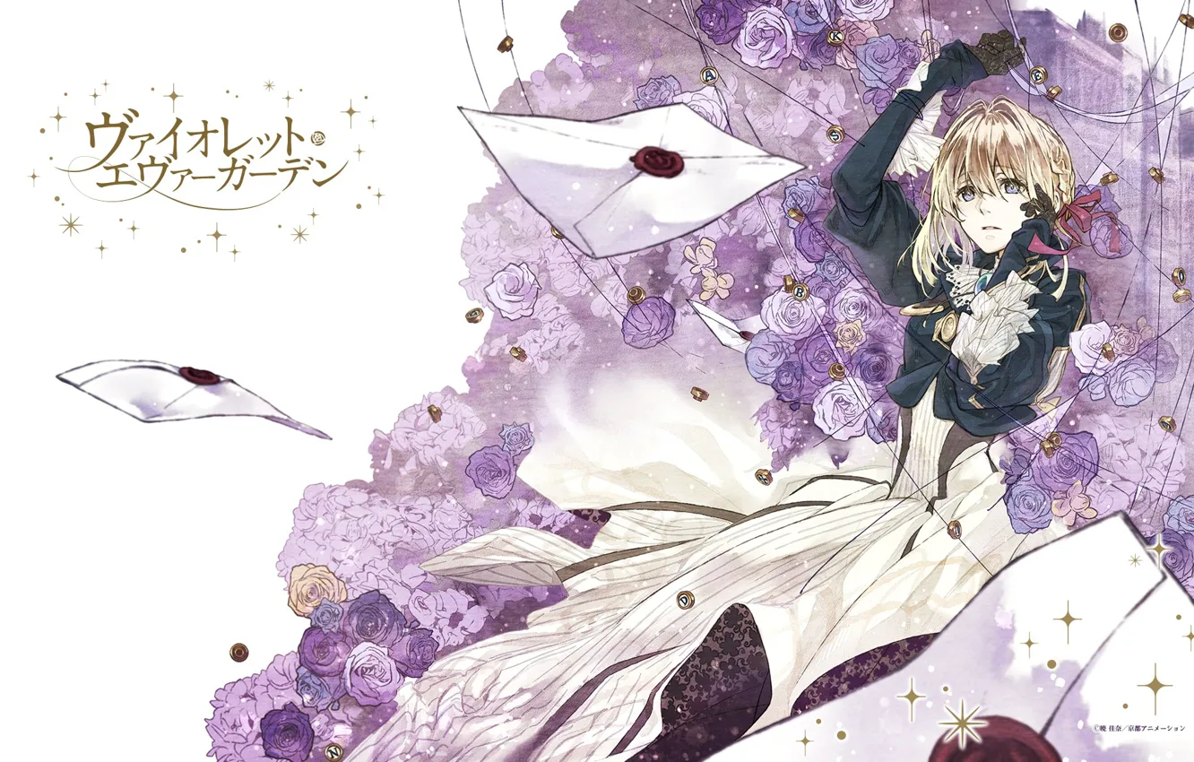 Photo wallpaper characters, gloves, art, the envelope, blue roses, letters, red ribbon, Violet Evergarden