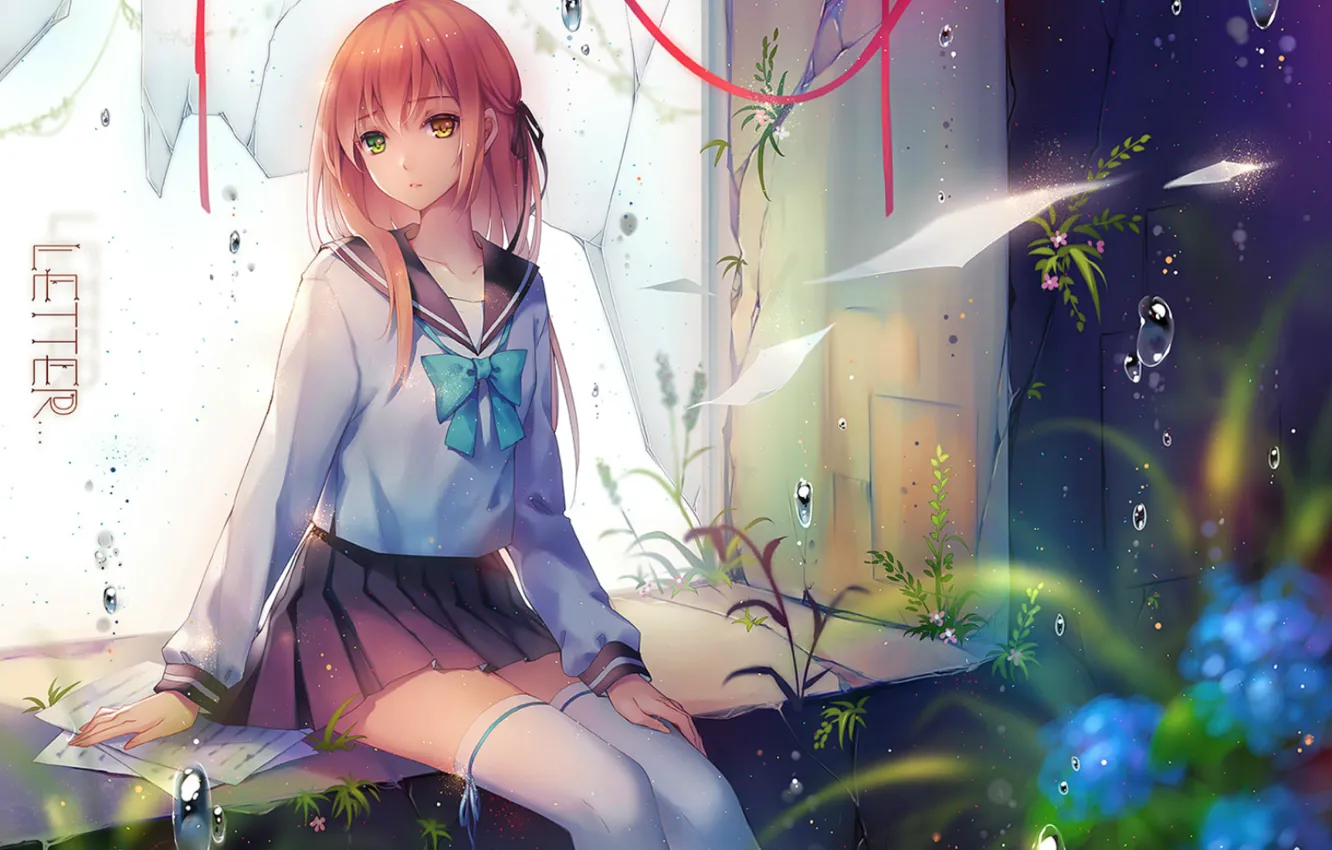 Photo wallpaper grass, drops, stockings, window, schoolgirl, vocaloid, sheets, art