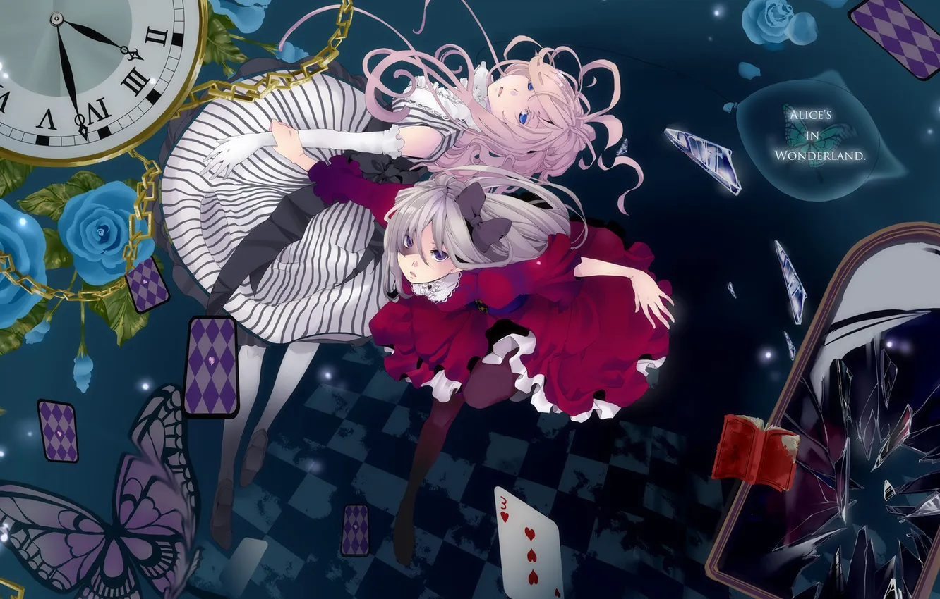 Photo wallpaper watch, map, Alice in Wonderland, Alice in Wonderland, broken mirror, anime girl