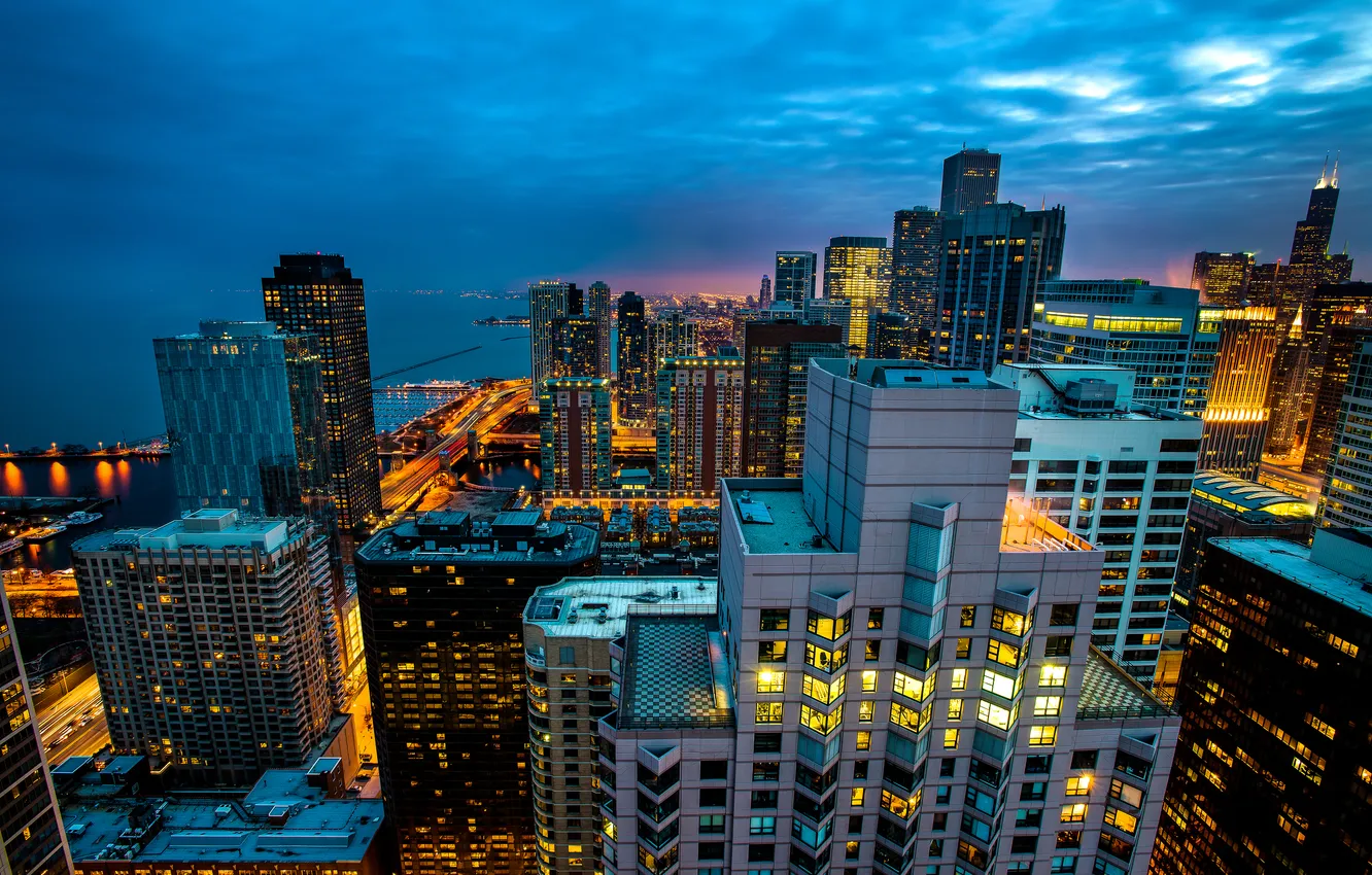 Photo wallpaper roof, light, the city, lights, building, home, skyscrapers, the evening