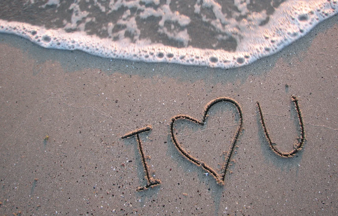 Photo wallpaper sand, sea, wave, foam, love, the inscription, recognition