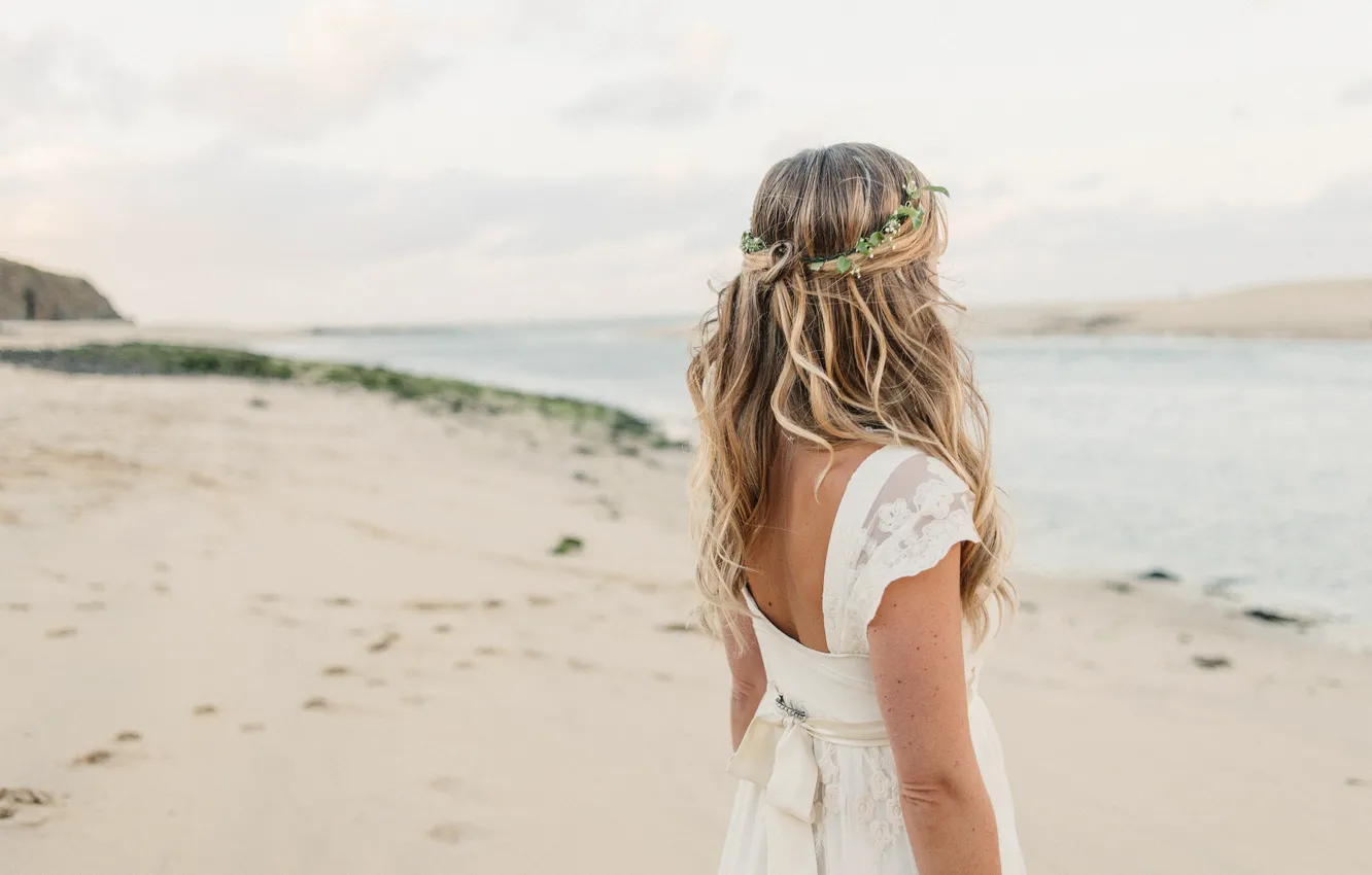 Photo wallpaper sand, beach, blonde, white dress, curls