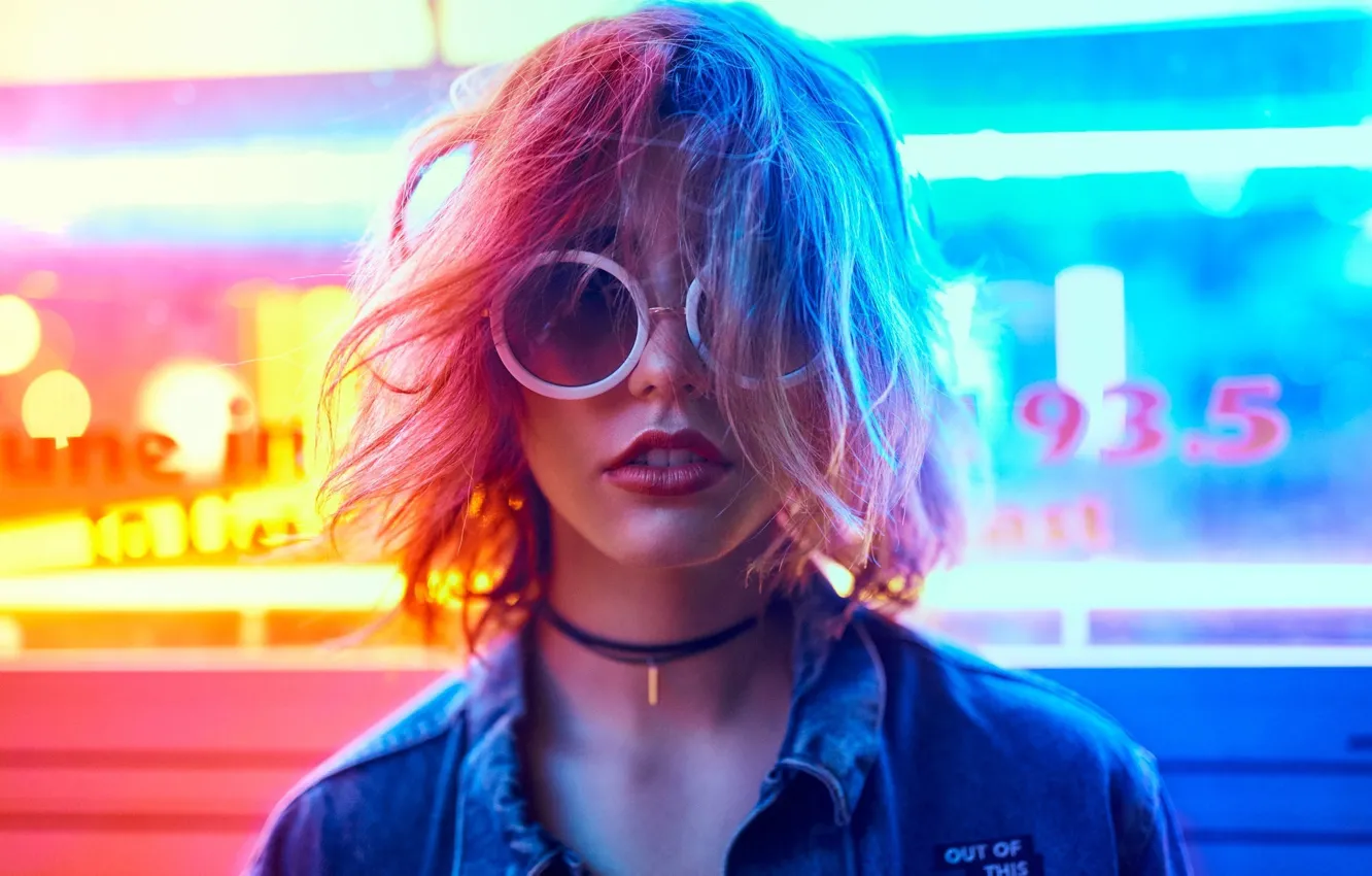 Photo wallpaper light, neon, makeup, glasses, hairstyle, blonde, shirt, Mark Tiu