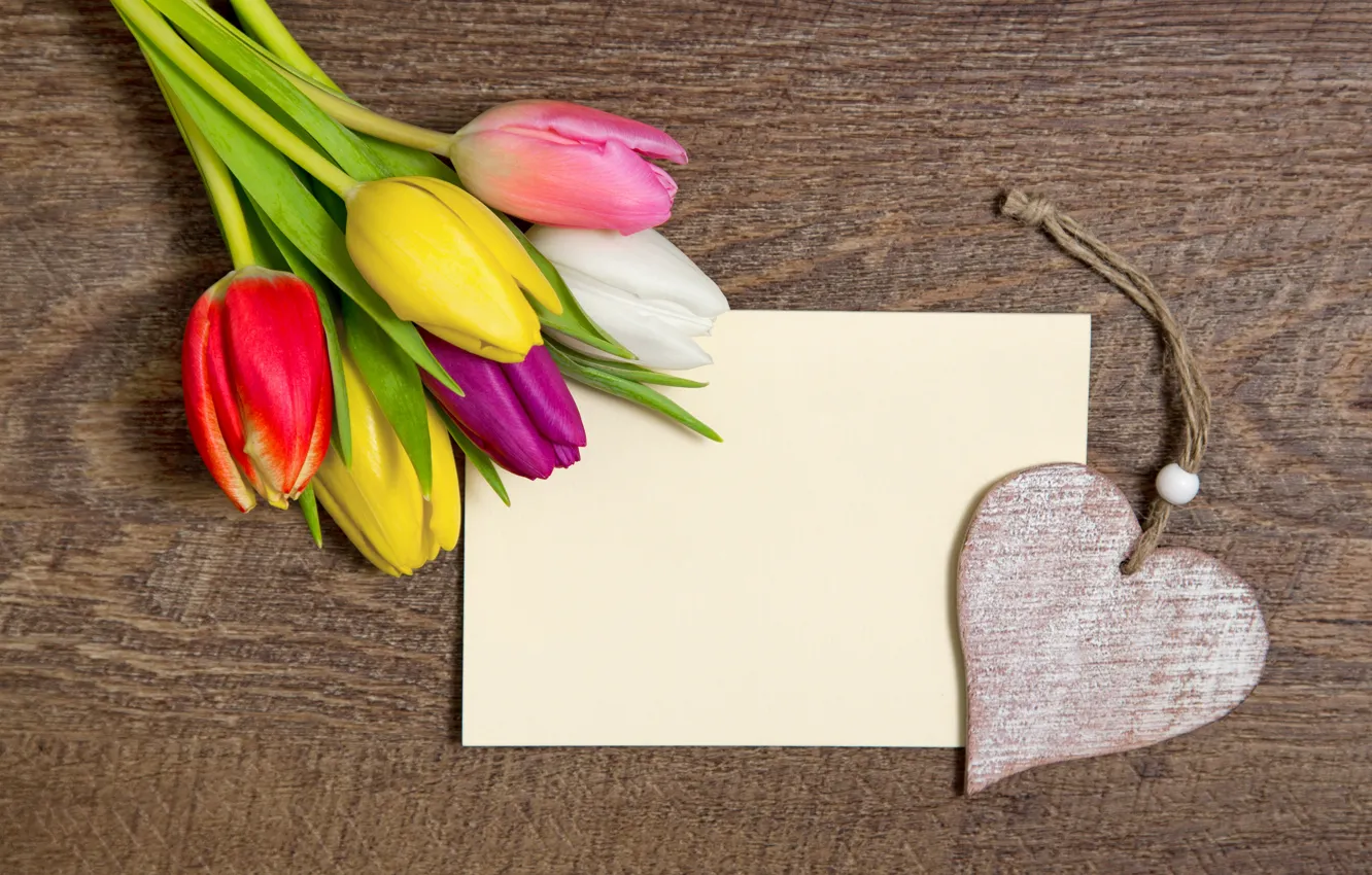 Photo wallpaper romance, heart, bouquet, colorful, tulips, love, heart, wood