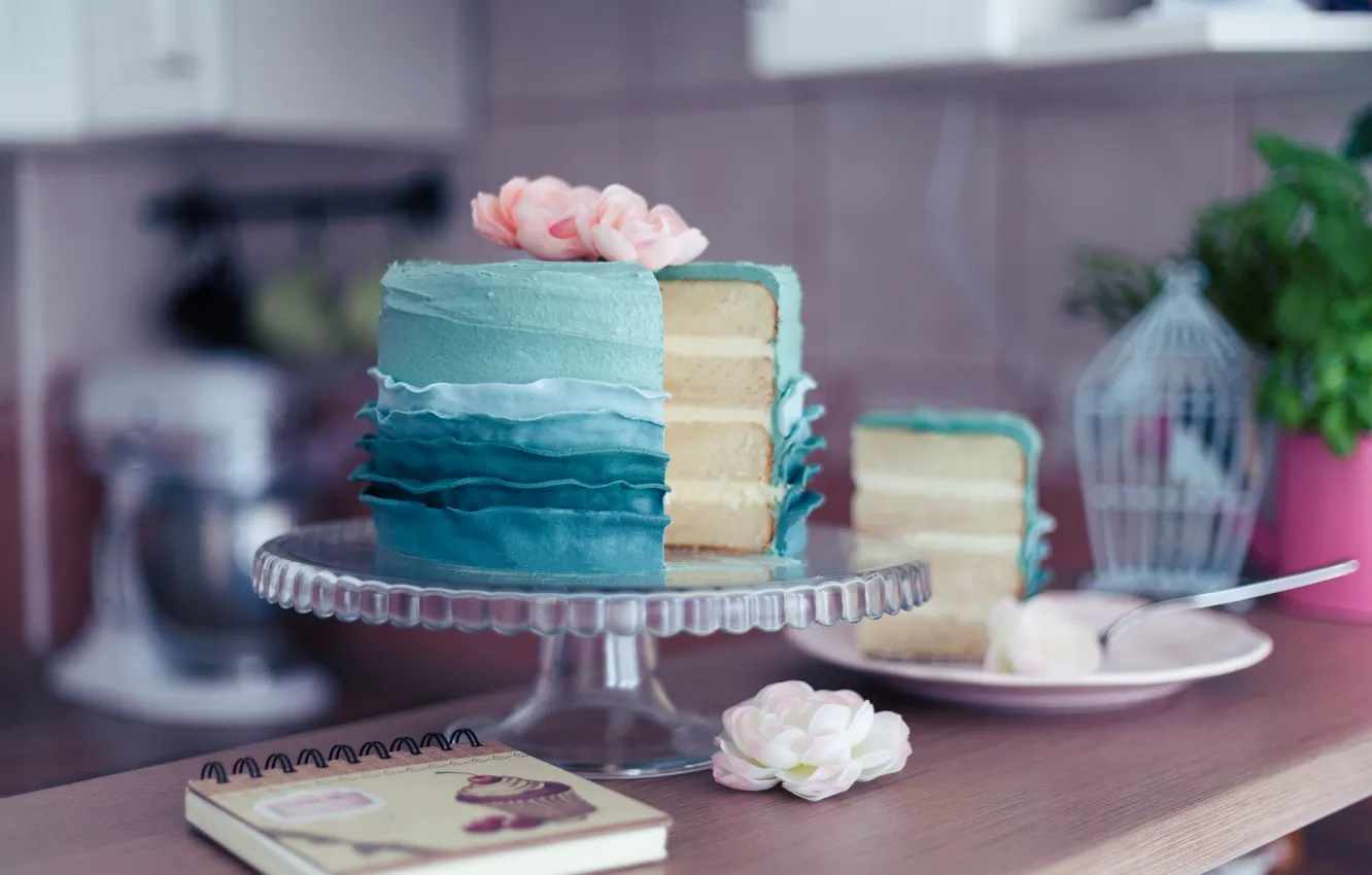 Photo wallpaper decoration, blue, roses, plate, cake, dessert, cakes, piece of cake