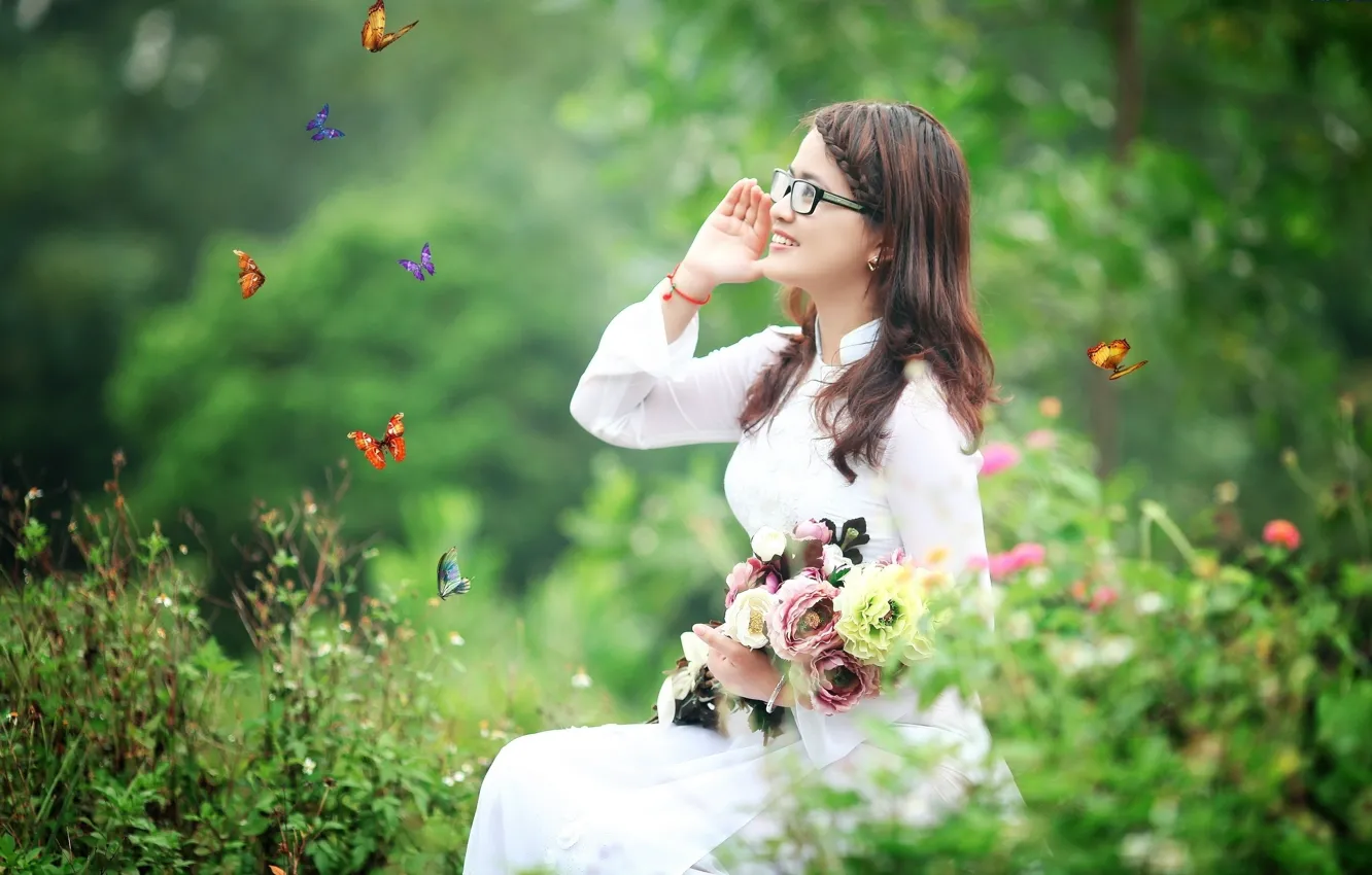 Photo wallpaper butterfly, flowers, smile, clothing, Girl, Asian