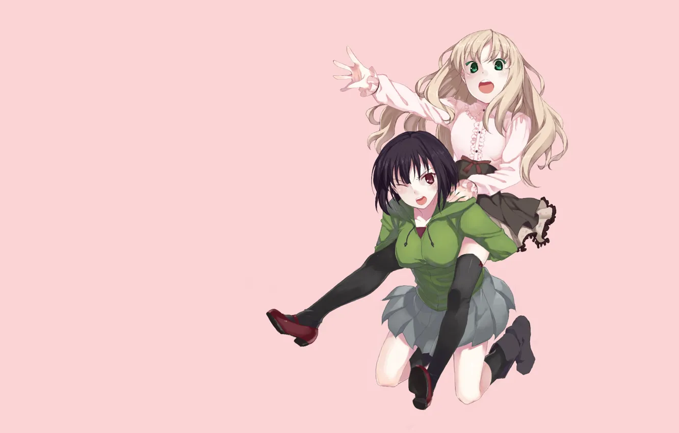 Photo wallpaper look, girl, emotions, movement, skirt, mouth, hands, blonde