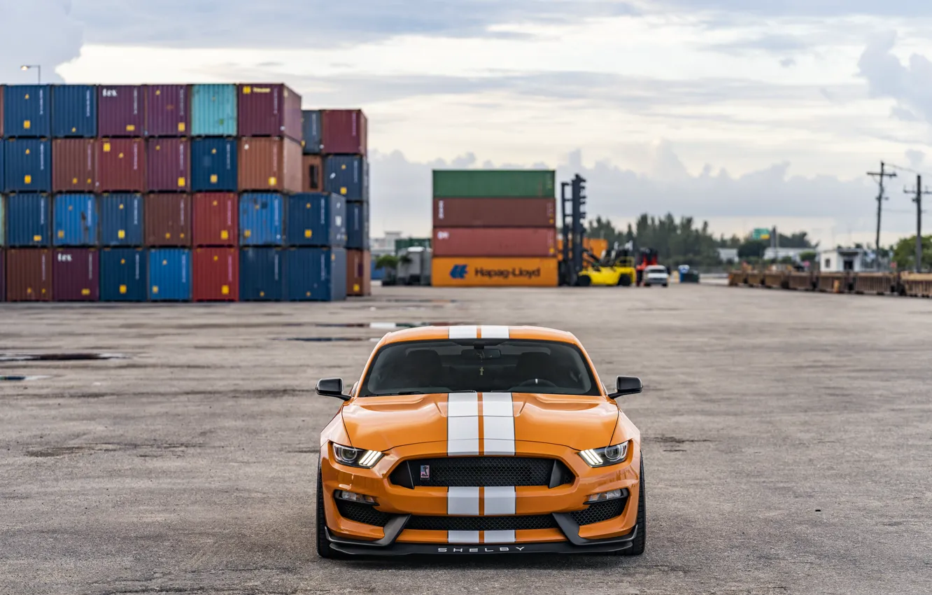 Photo wallpaper Mustang, Ford, Orange, Sky, American Muscle, Strips
