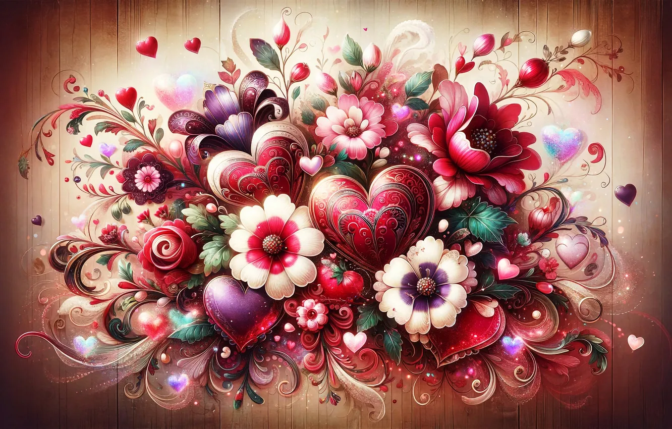Photo wallpaper Valentine's day, neural network, flowers, heart, AI art, hearts, love, Board