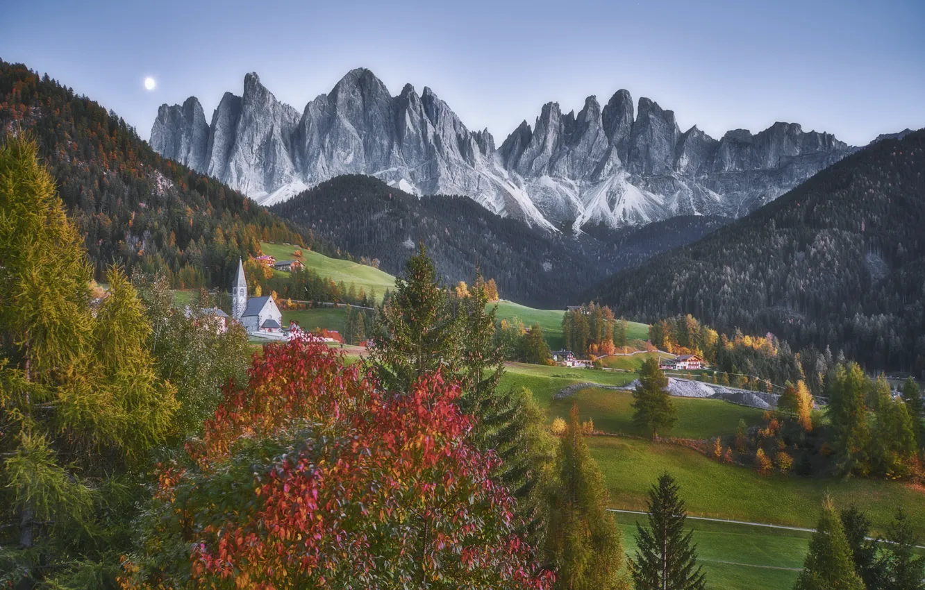 Photo wallpaper autumn, landscape, mountains, nature, village, Italy, forest, meadows
