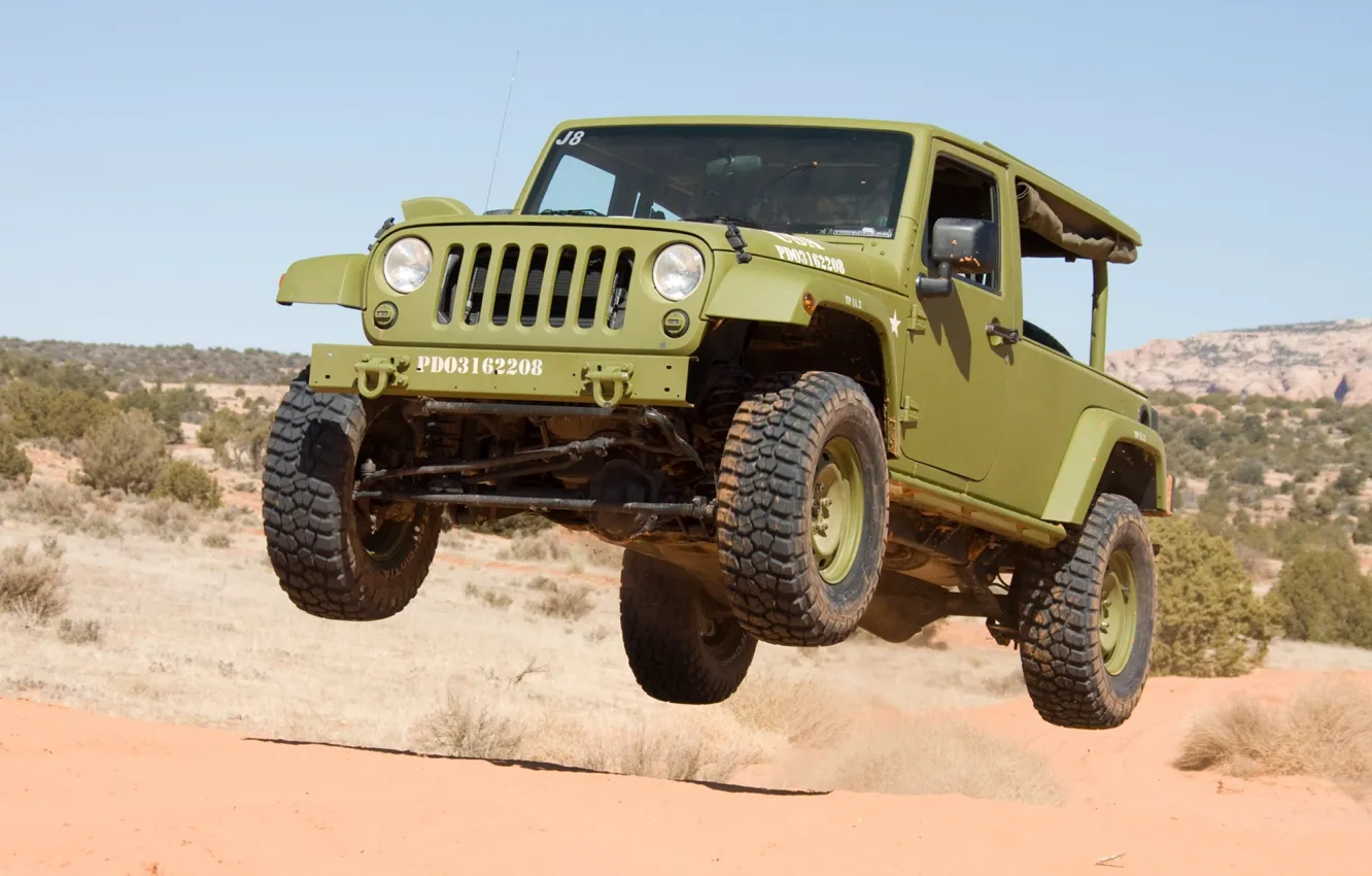 Photo wallpaper jeep, SUV, USA, army, Wrangler, Jeep, Flies, two-door version