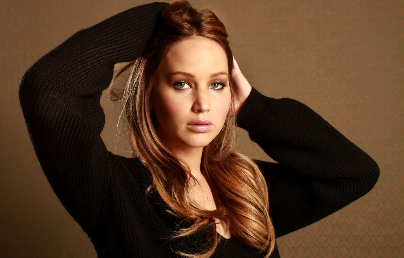 Photo wallpaper girl, face, black, makeup, actress, sweater, Jennifer Lawrence, Jennifer Lawrence