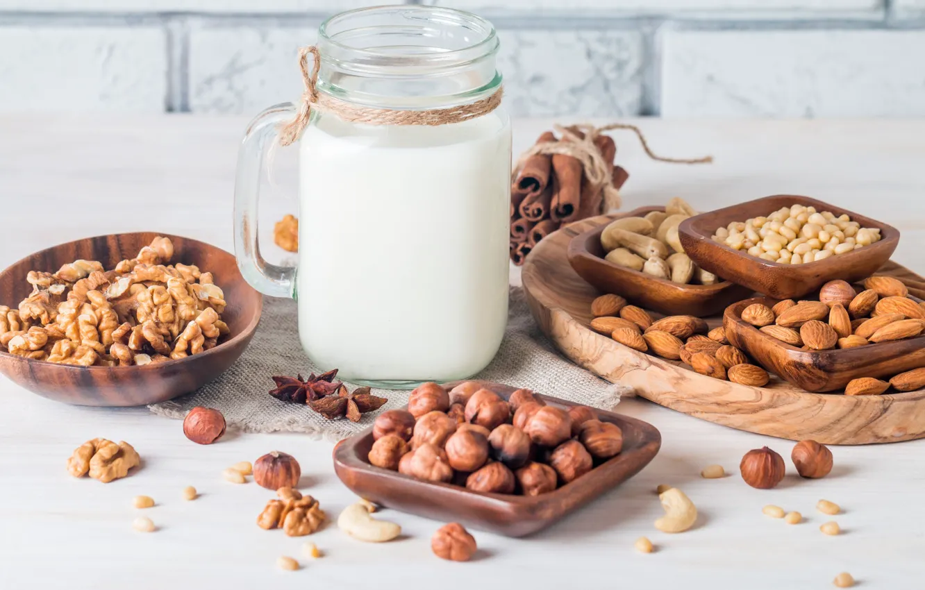 Photo wallpaper milk, nuts, cinnamon, almonds, hazelnuts, walnut, cashews, pine nuts