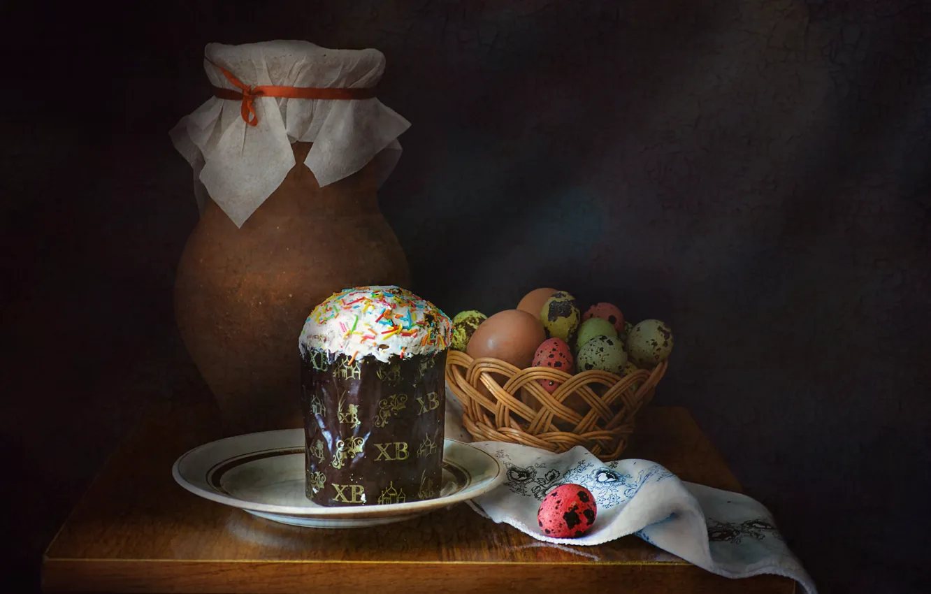 Photo wallpaper holiday, eggs, Easter, dishes, pitcher, still life, cake