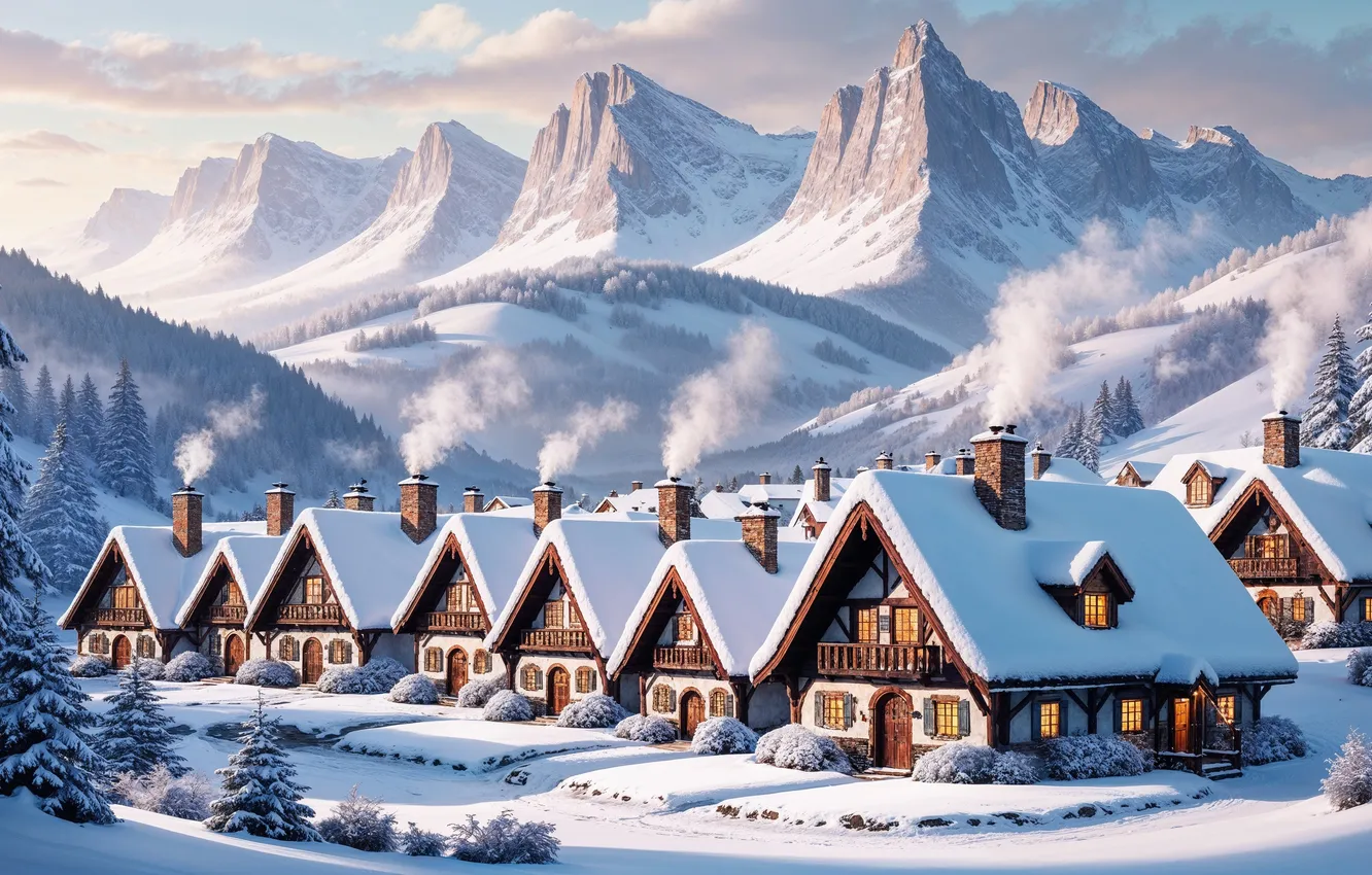 Photo wallpaper winter, snow, mountains, new year, village, Christmas, house