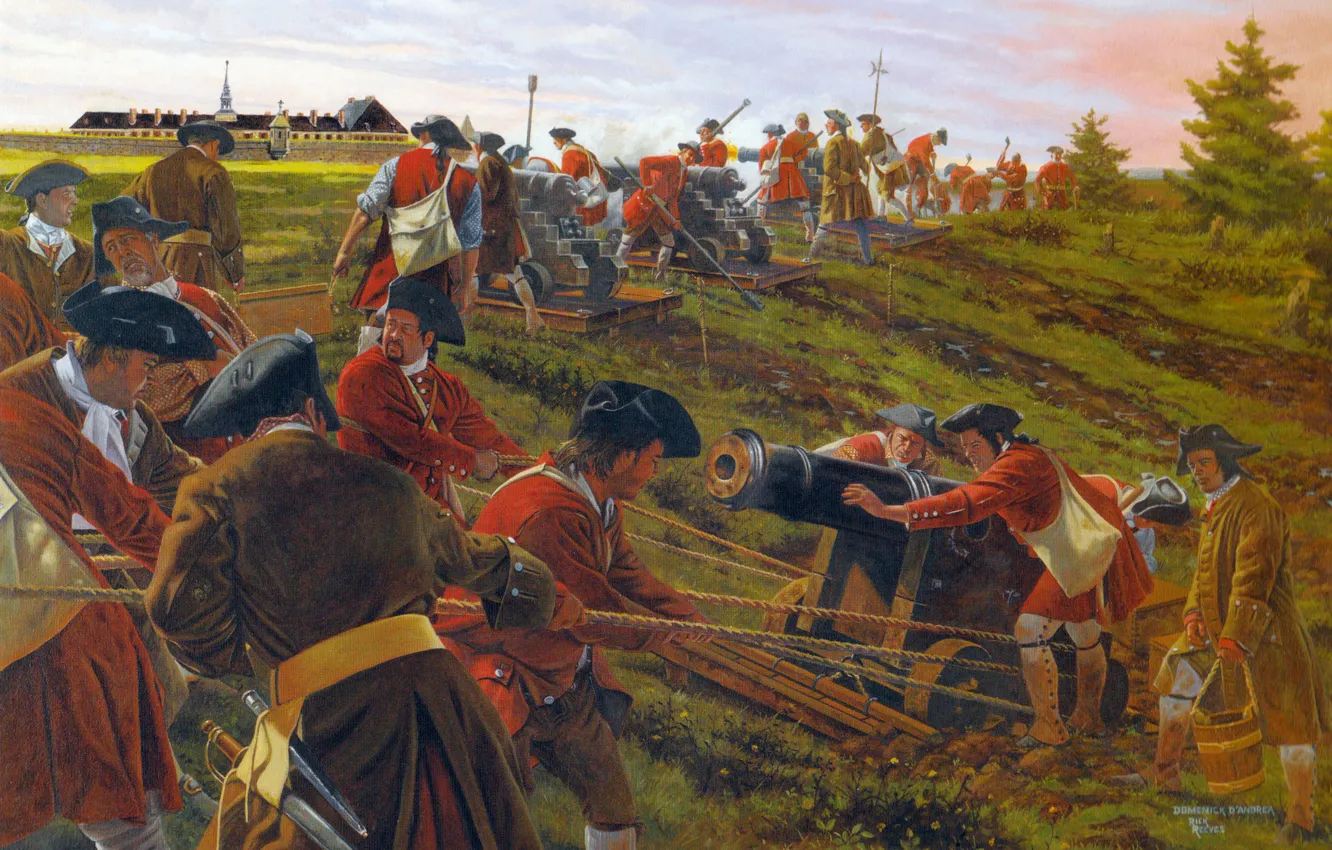 Photo wallpaper oil, picture, gun, canvas, battery, the gunners, British troops, the war of the Austrian succession