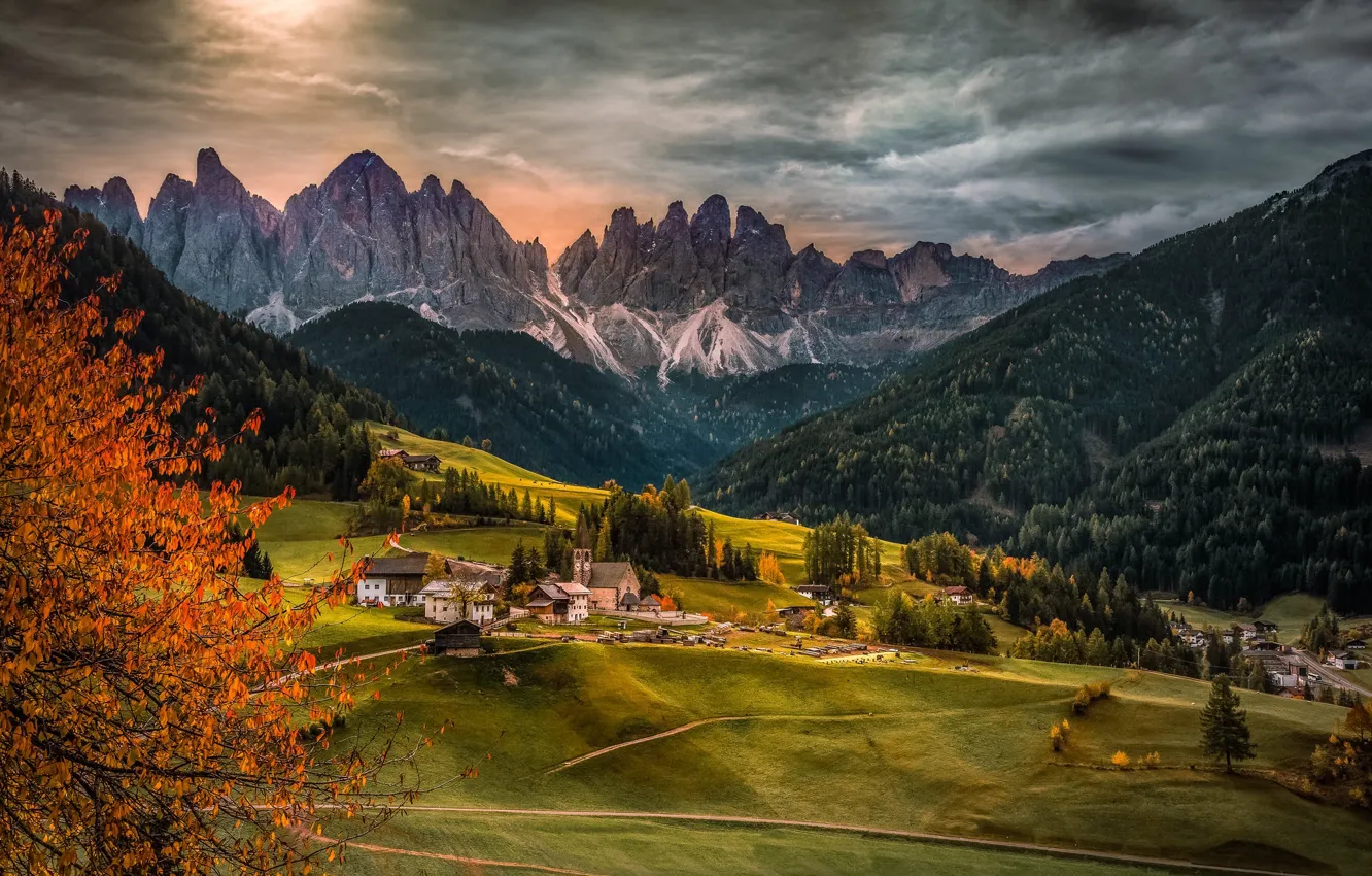 Photo wallpaper field, mountains, Alps, settlement