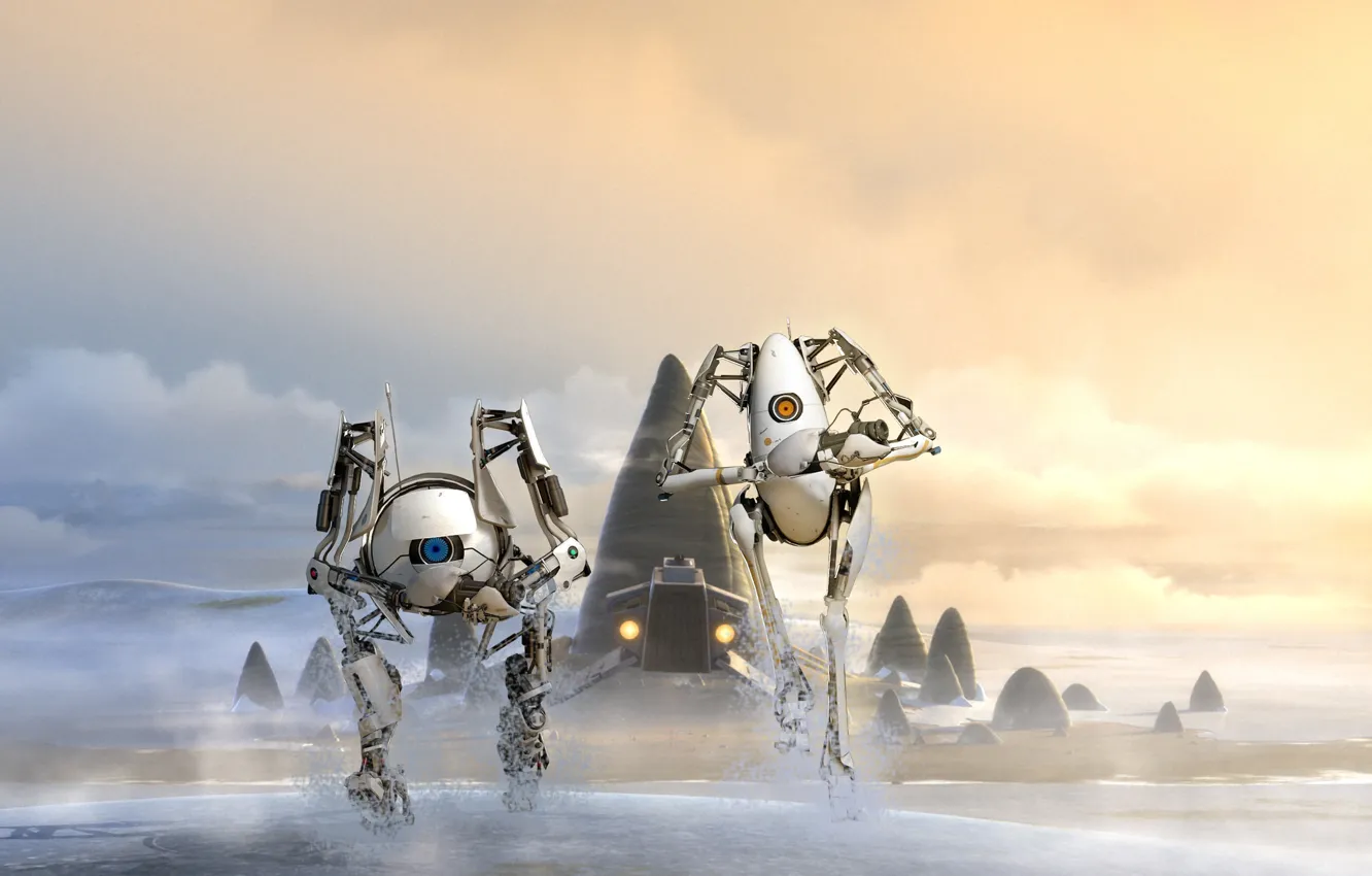 Photo wallpaper orange, blue, robots, Portal 2, Atlas, Atlas, PI-body, P-body