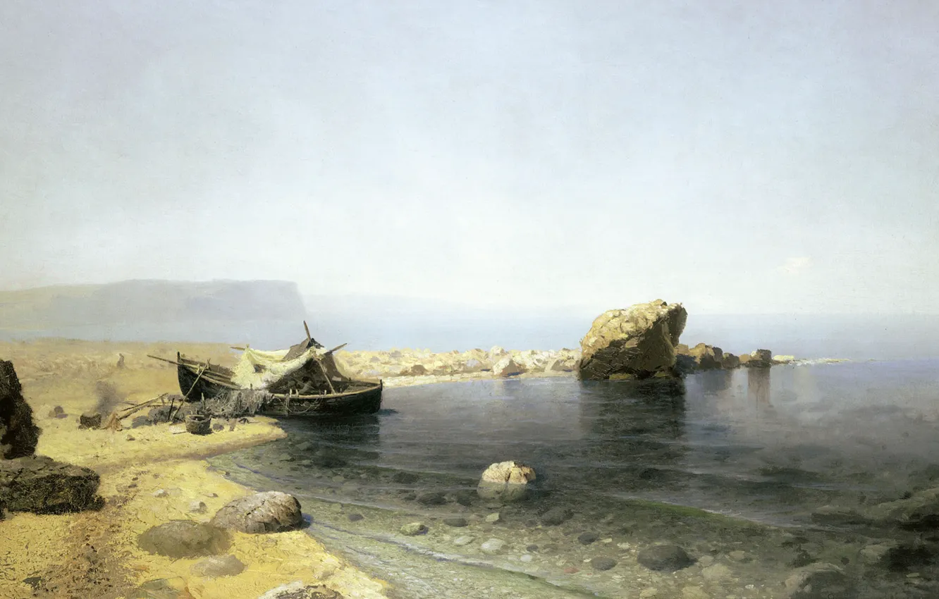 Photo wallpaper landscape, fog, stones, boat, oil, canvas, Clear Water, Ruthin Sadkowski