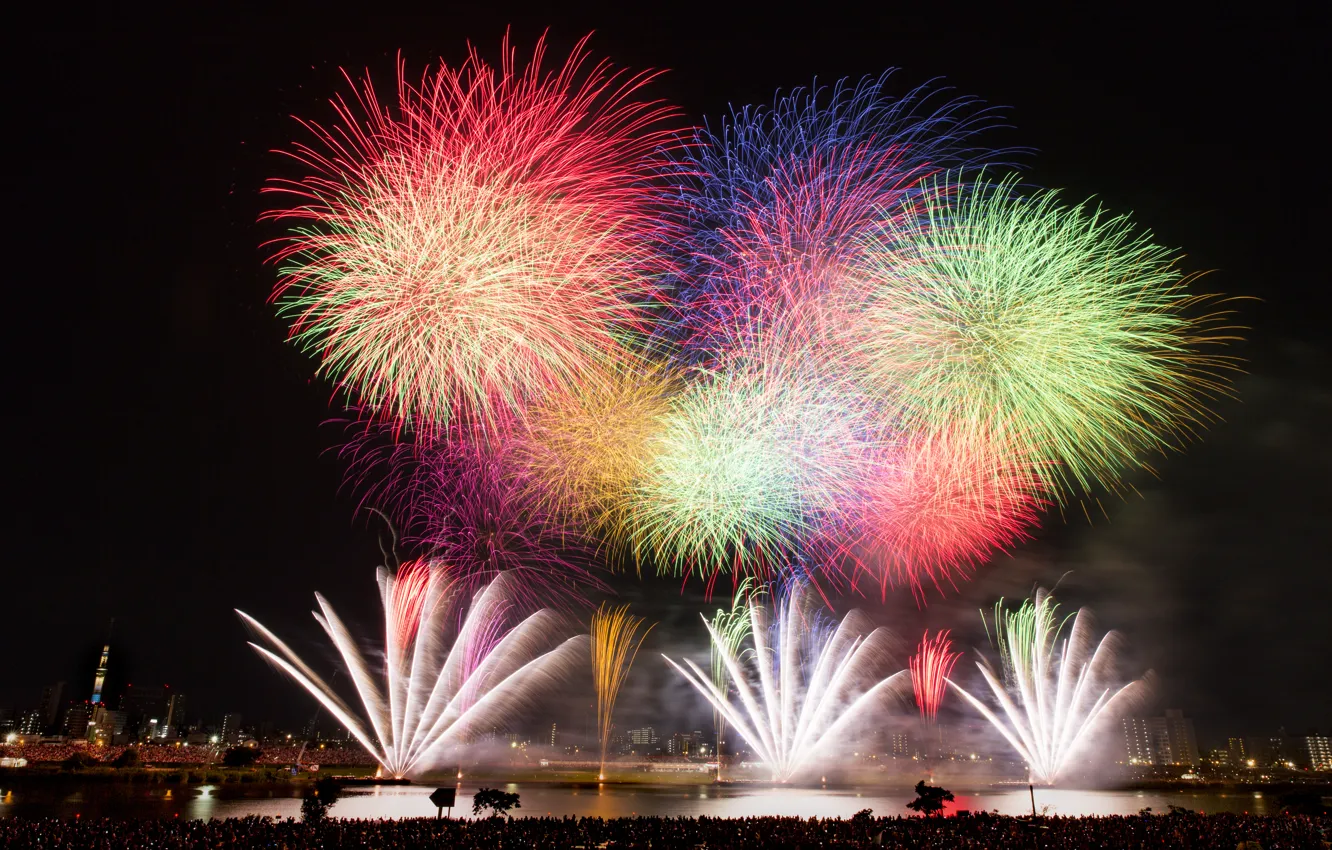 Photo wallpaper night, the city, lights, salute, Japan, Tokyo, fireworks