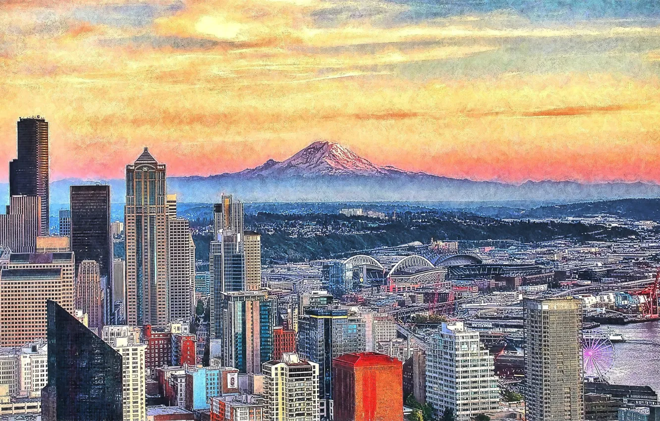 Photo wallpaper the sky, the city, lights, building, mountain, home, Seattle, Seattle