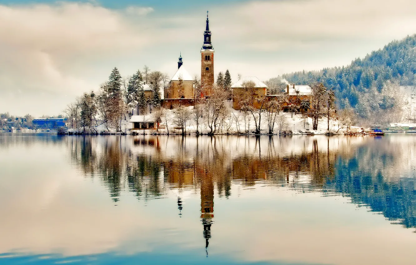 Photo wallpaper winter, snow, mountains, lake, reflection, island, Church, Slovenia