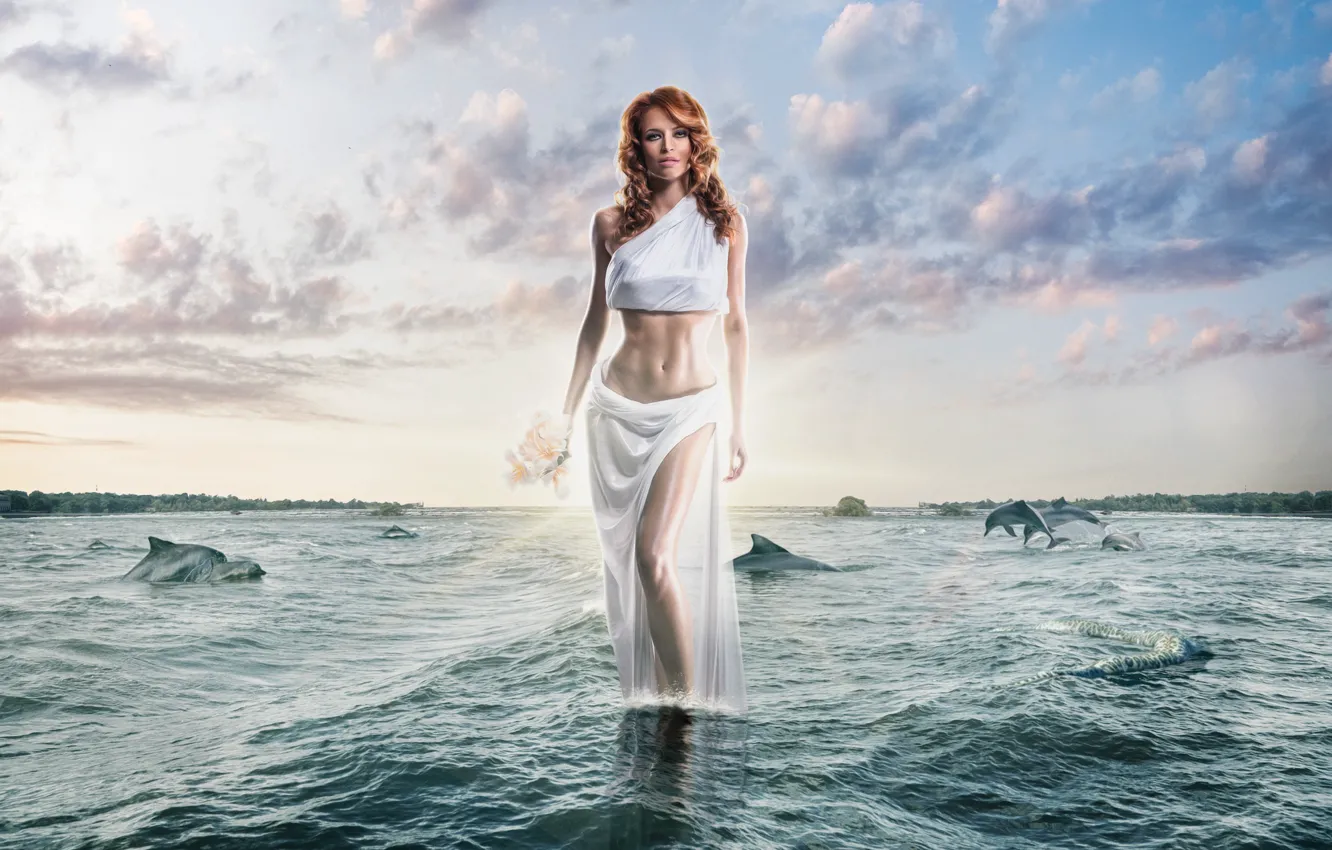 Photo wallpaper water, girl, dolphins