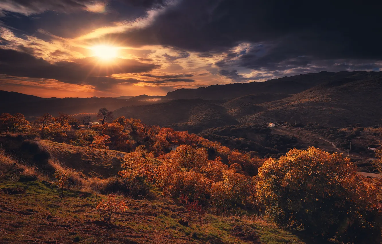 Photo wallpaper autumn, sunset, mountains