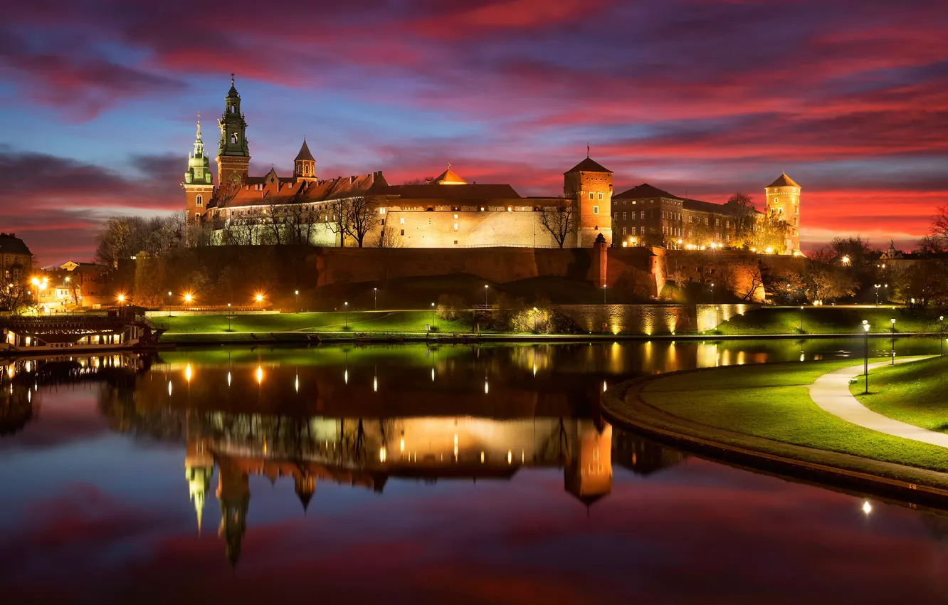Photo wallpaper clouds, lights, reflection, river, castle, shore, lighting, Poland