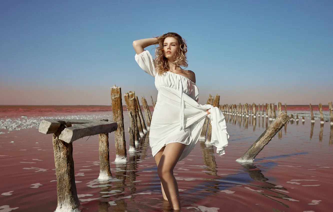 Photo wallpaper sea, girl, pose, dress, Alexander Urmashev