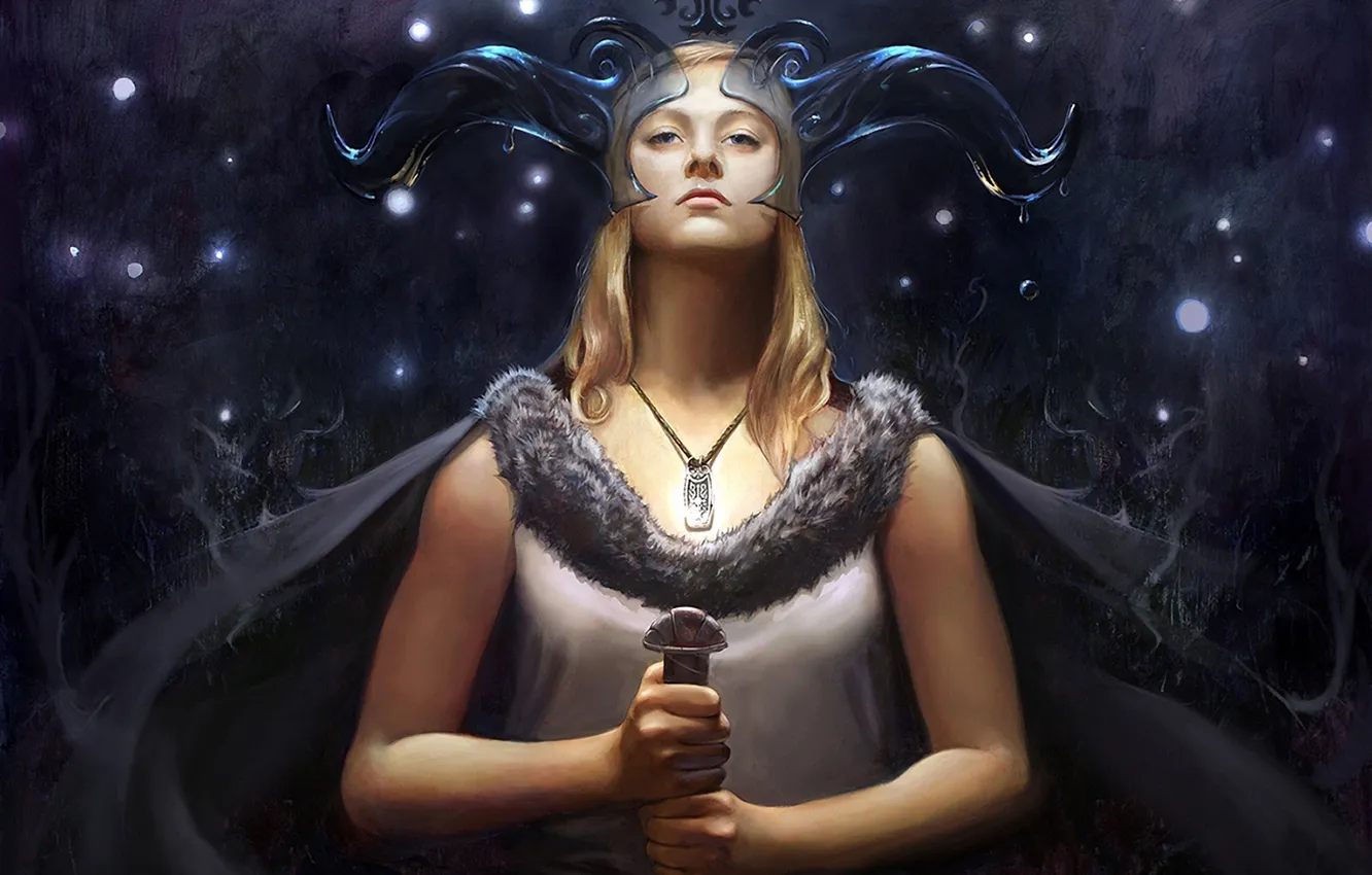 Photo wallpaper ice, girl, drops, sword, art, horns, helmet, cloak