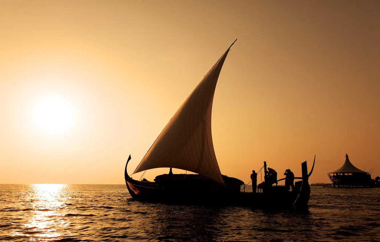 Photo wallpaper sea, the sun, sunset, people, boat, sail, the Maldives