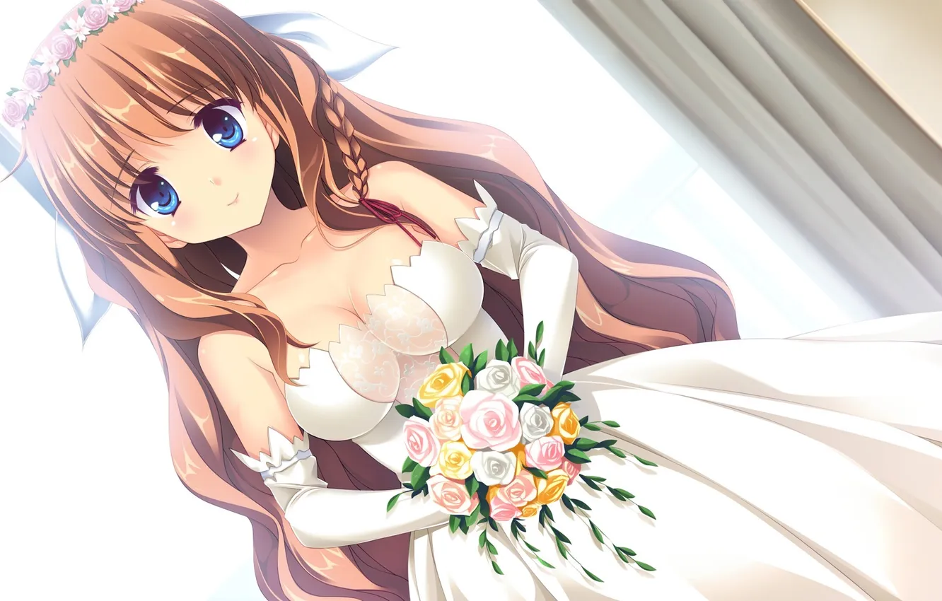 Photo wallpaper look, girl, smile, blush, a bouquet of flowers, wedding dress, game cg, Melty Moment