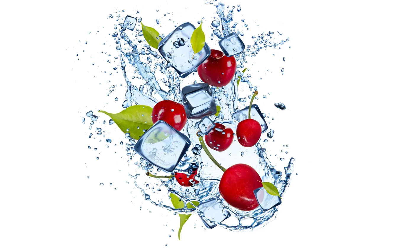 Photo wallpaper ice, water, ice, leaves, cherry, water, cherries, leaflets