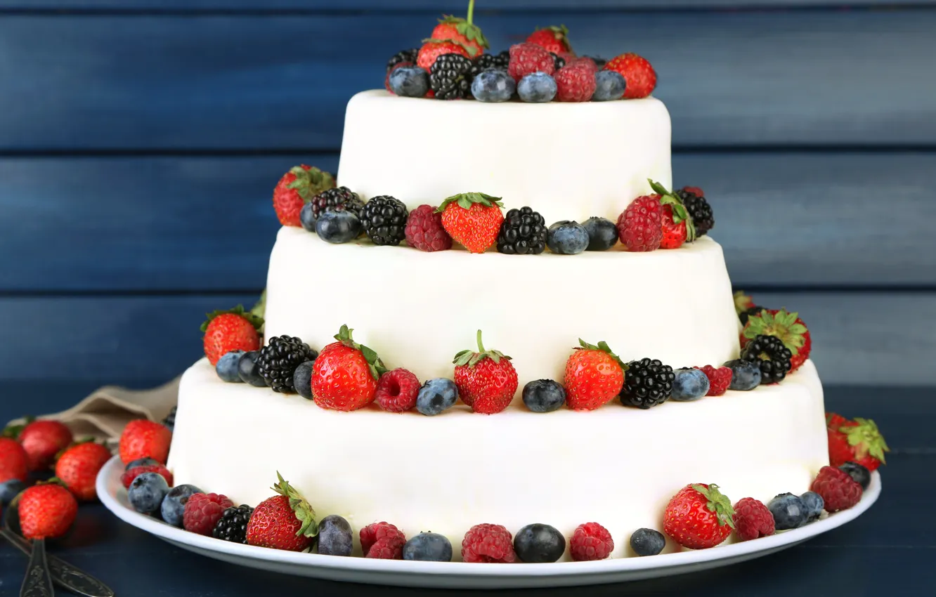 Photo wallpaper berries, raspberry, blueberries, strawberry, cake, cake, cream, dessert