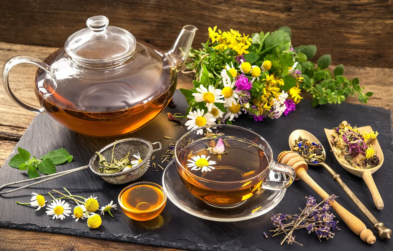 Photo wallpaper tea, Daisy, kettle, honey, grass