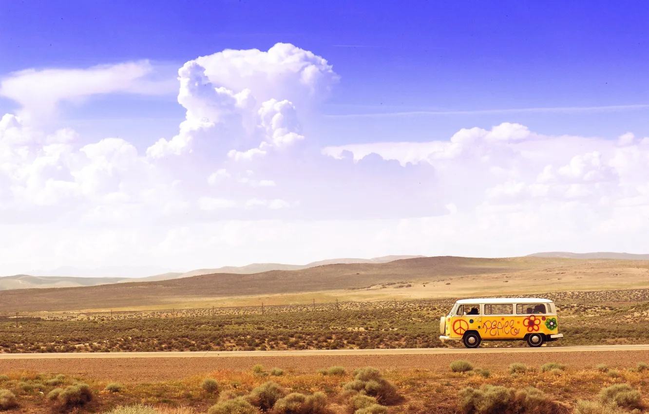 Photo wallpaper Car, Clouds, Summer, Desert, Bus