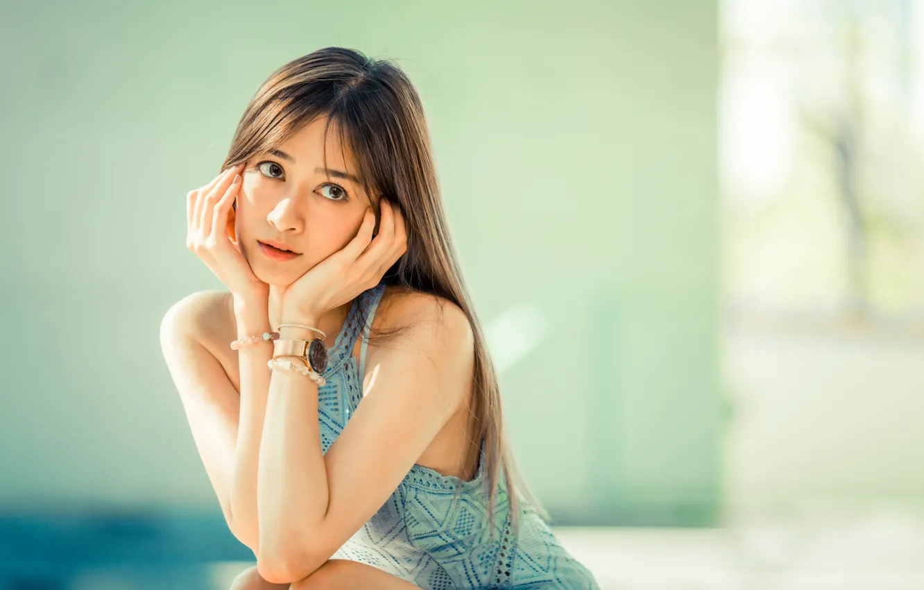 Photo wallpaper girl, Asian, bokeh, face, cute